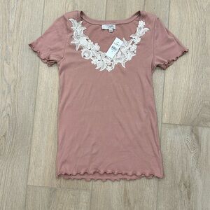 NWT LOFT Short Sleeve Top with Ruffle and Lace Detail